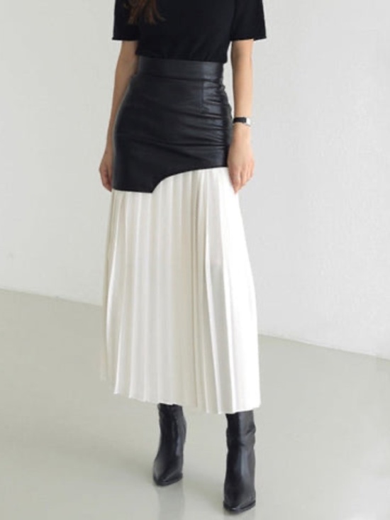 TwoTwinStyle Dresses & Skirts - TwoTwinStyle Patchwork Pleated Skirt Faux Leather Large